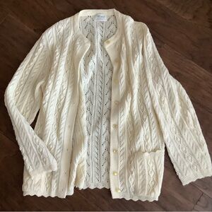 Vintage Wintuk Women Cable knit Crew Cardigan Sweater Off White Acrylic Button